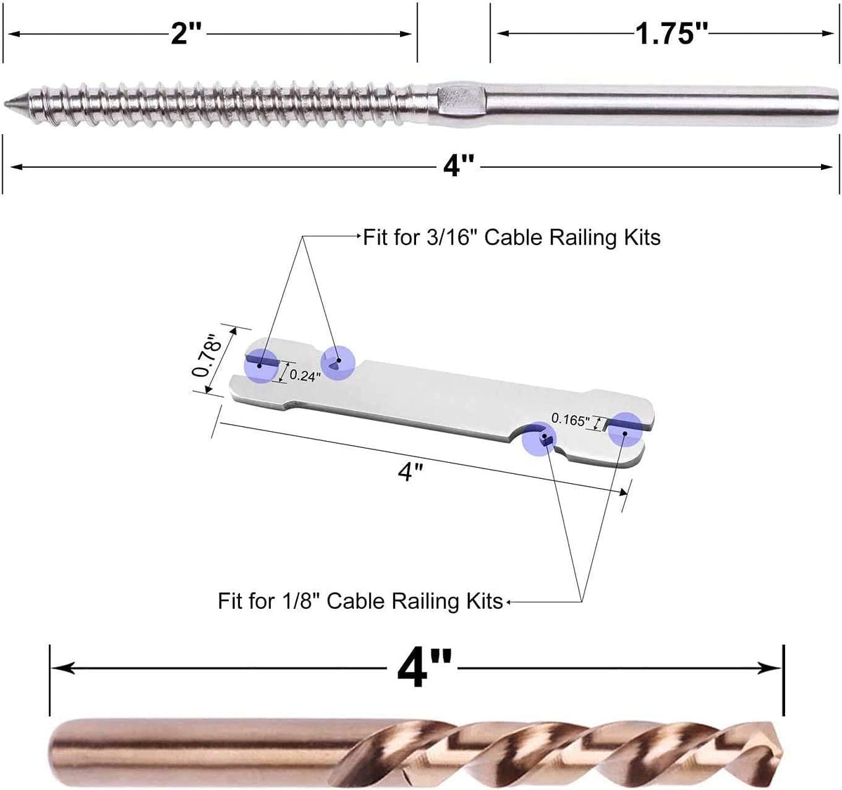72 Pack T316 Stainless Steel Swage Lag Screws for 1/8 Cable Railing H72058