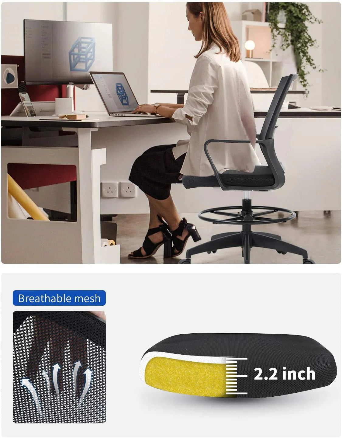 Black Adjustable Mesh Drafting Chair with Lumbar Support V497637