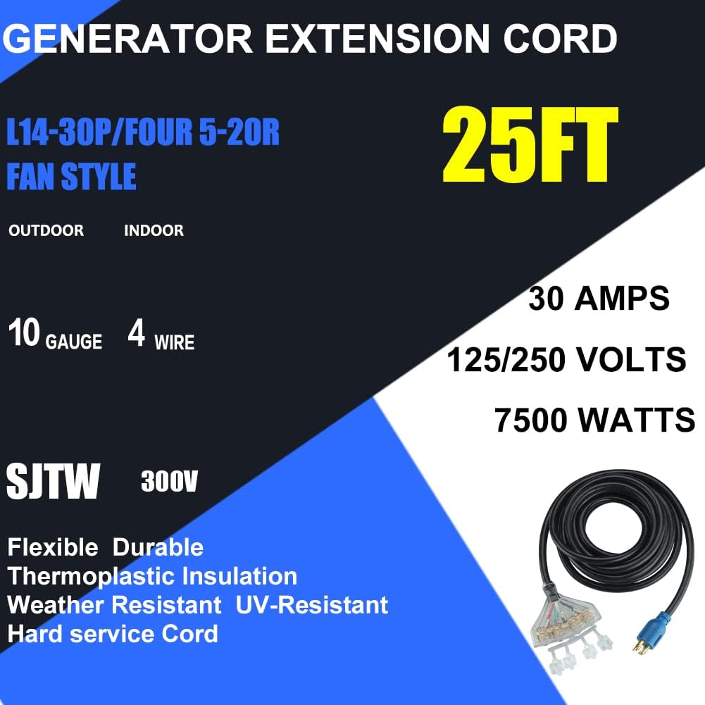 25 Feet 30 Amp 10 Gauge 4 Prong Generator Extension Cord 125/250V 7500W Pack of 2 E745829