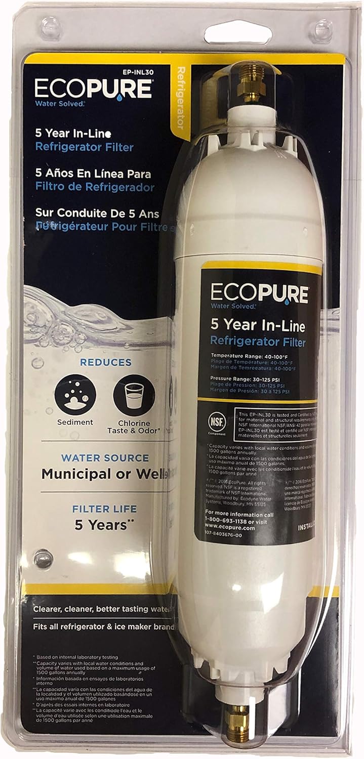 White In-Line Refrigerator Filter & Braided Stainless Steel Ice Maker Connector, 1/4 inch, 5 Ft E908