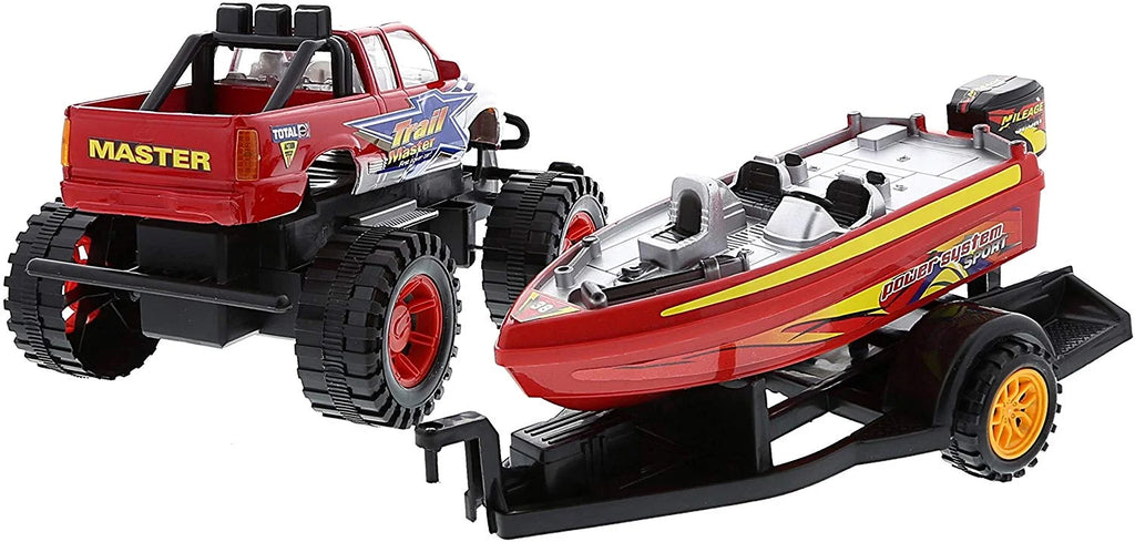 Red Black 9 Inch Truck with Detachable Trailer and 10 Inch Boat Friction Push Powered Playset Y956
