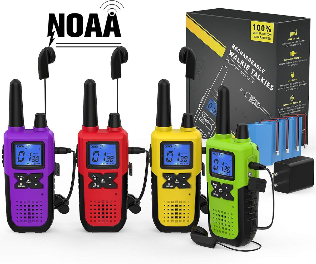 4 Pack Long Range 2 Way Radios Walkie Talkies with Earpiece and Mic USB Charger Battery Weather Alert E7485