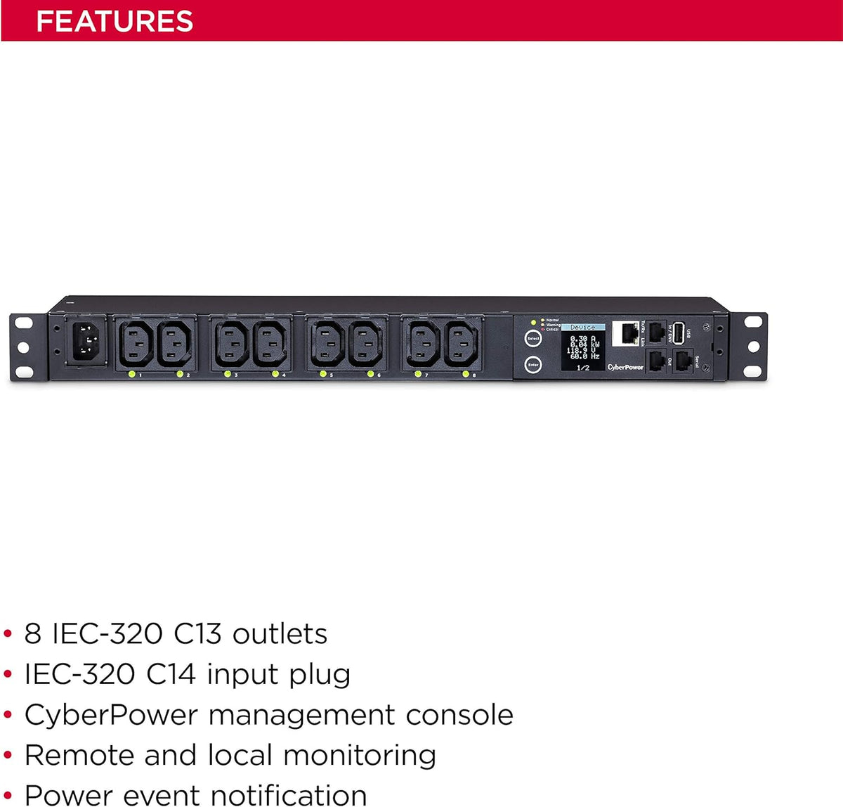 Switched Metered-By-Outlet PDU, 100-240V/15A, 8 Outlets, 1U Rackmount Q48878