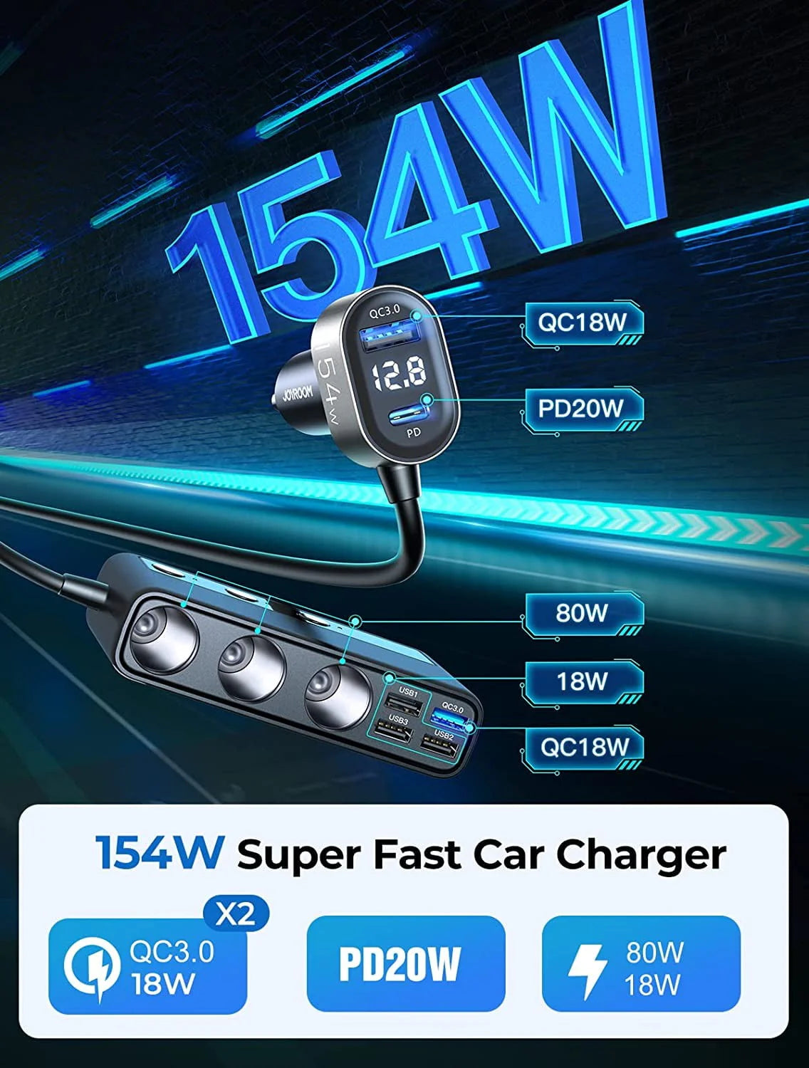 3 Socket 154W PD & QC 3.0 USB Car Charger Y532226
