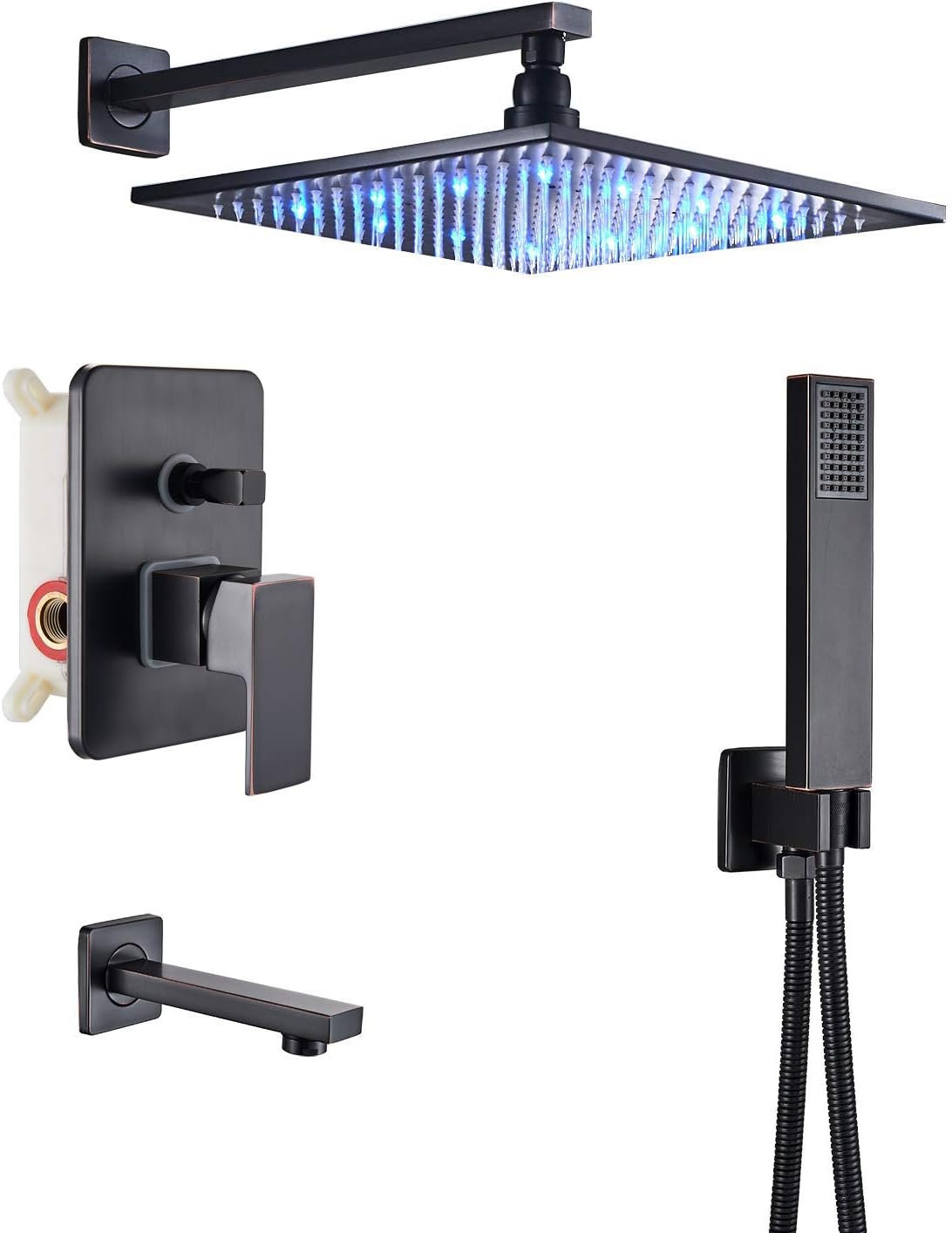 Black 3-way Mixer LED Color 12" Top Rain Shower Tub Spout Tap with Handheld Spray T490456