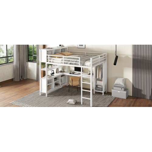 White Full Size Metal Loft Bed with Wardrobe and Desk A565146
