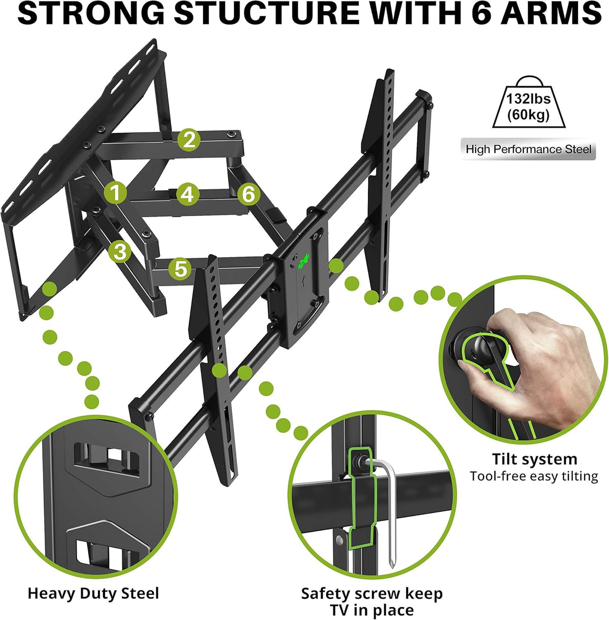 Full Motion TV Wall Mount for 37-75 inch TV, Up to 132lbs, Dual Articulating Arms, Max VESA 600x400mm, Pack of 2 S626