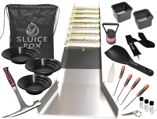 Gold Mining Kit; 50 inch Gold Sluice Box; Gold Prospecting Equipment; Rock Pick Hammer; Gold Classifiers; Pay Dirt Scoop; Crevice Tools F81203