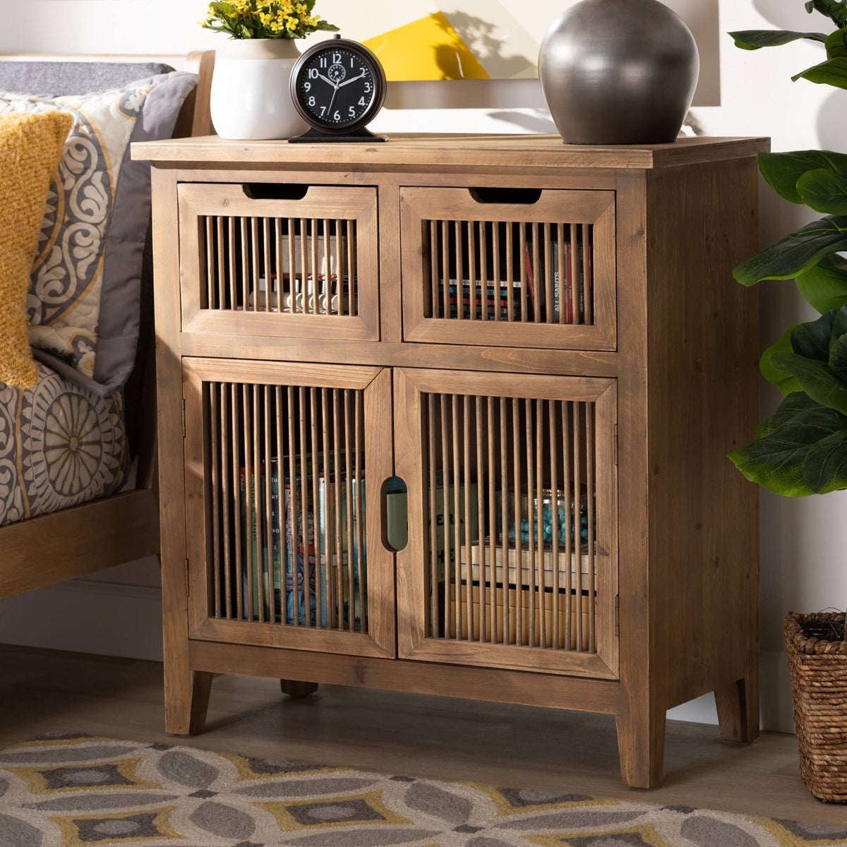 Medium Oak Finished 2-Door 2-Drawer Wood Storage Cabinet P143120