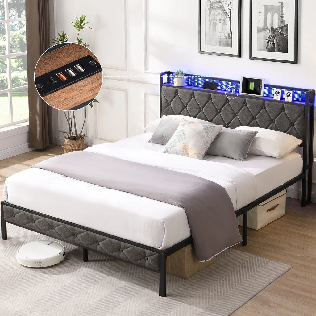 Full Size Upholstered Platform Bed with Storage Headboard S26693