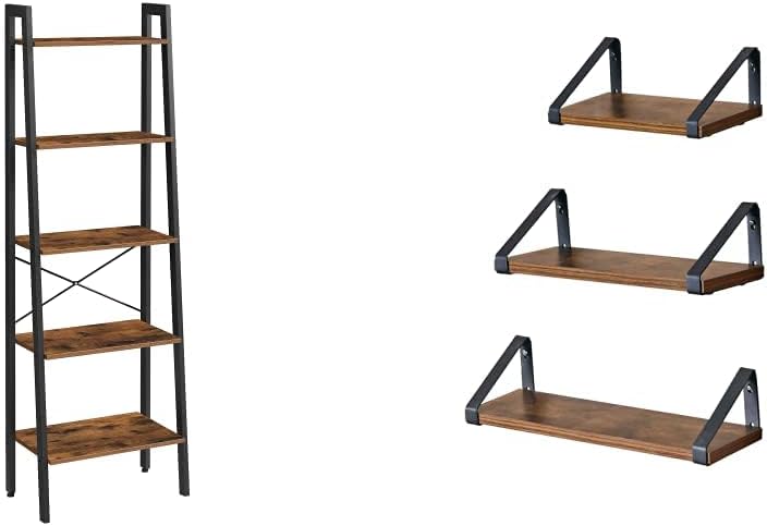 Rustic Dark Brown 5-Tier Ladder Shelf with Metal Frame D725