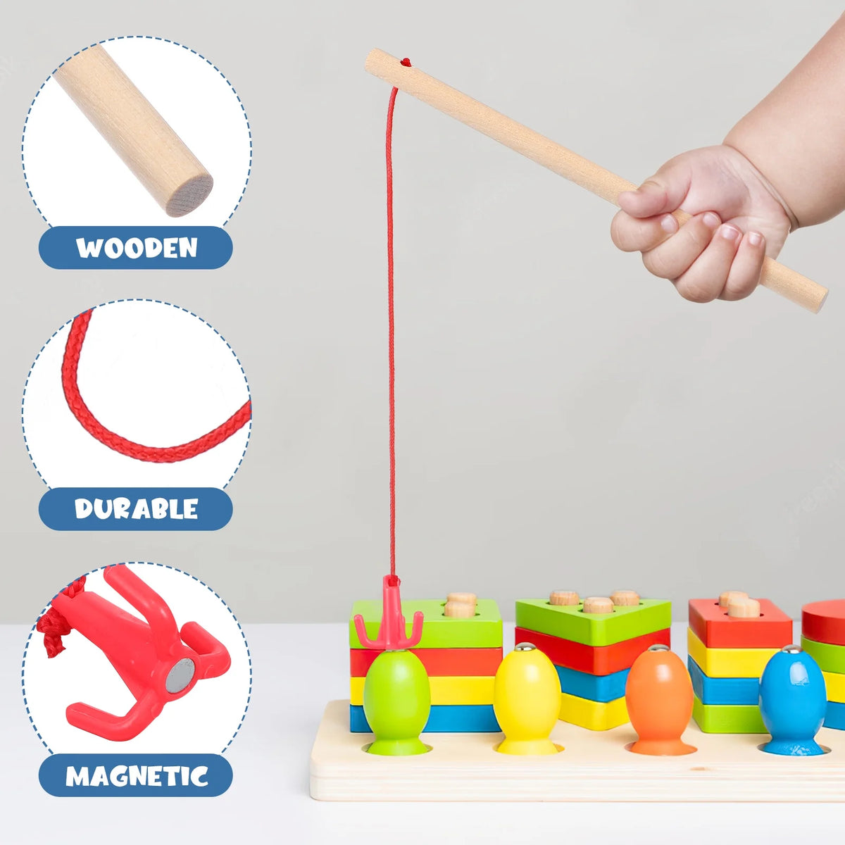 8 Pcs Magnetic Fishing Poles Wooden Fishing Rods Fishing Game Tools Early Educational Plaything K392081