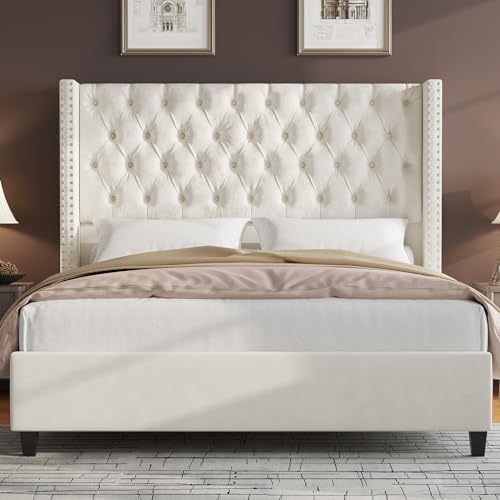King Upholstered Bed Frame with Tall Headboard Wingback Platform Bed Tufted Deep Button Velvet Light Grey C724306