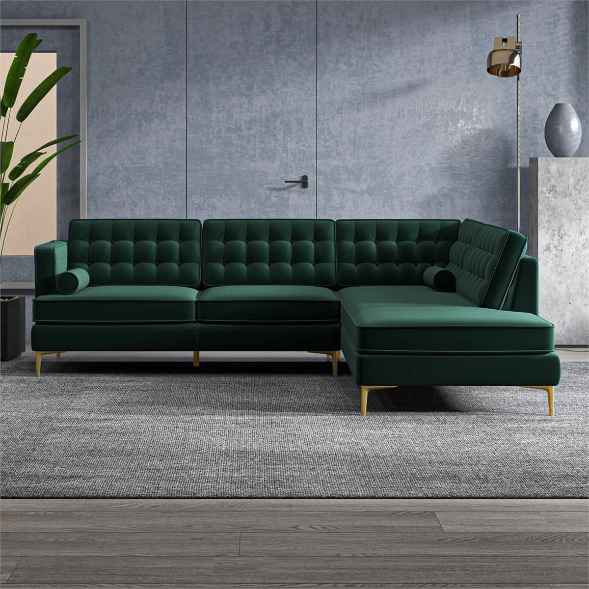 Green Velvet Right-Facing Upholstered Sectional K544353