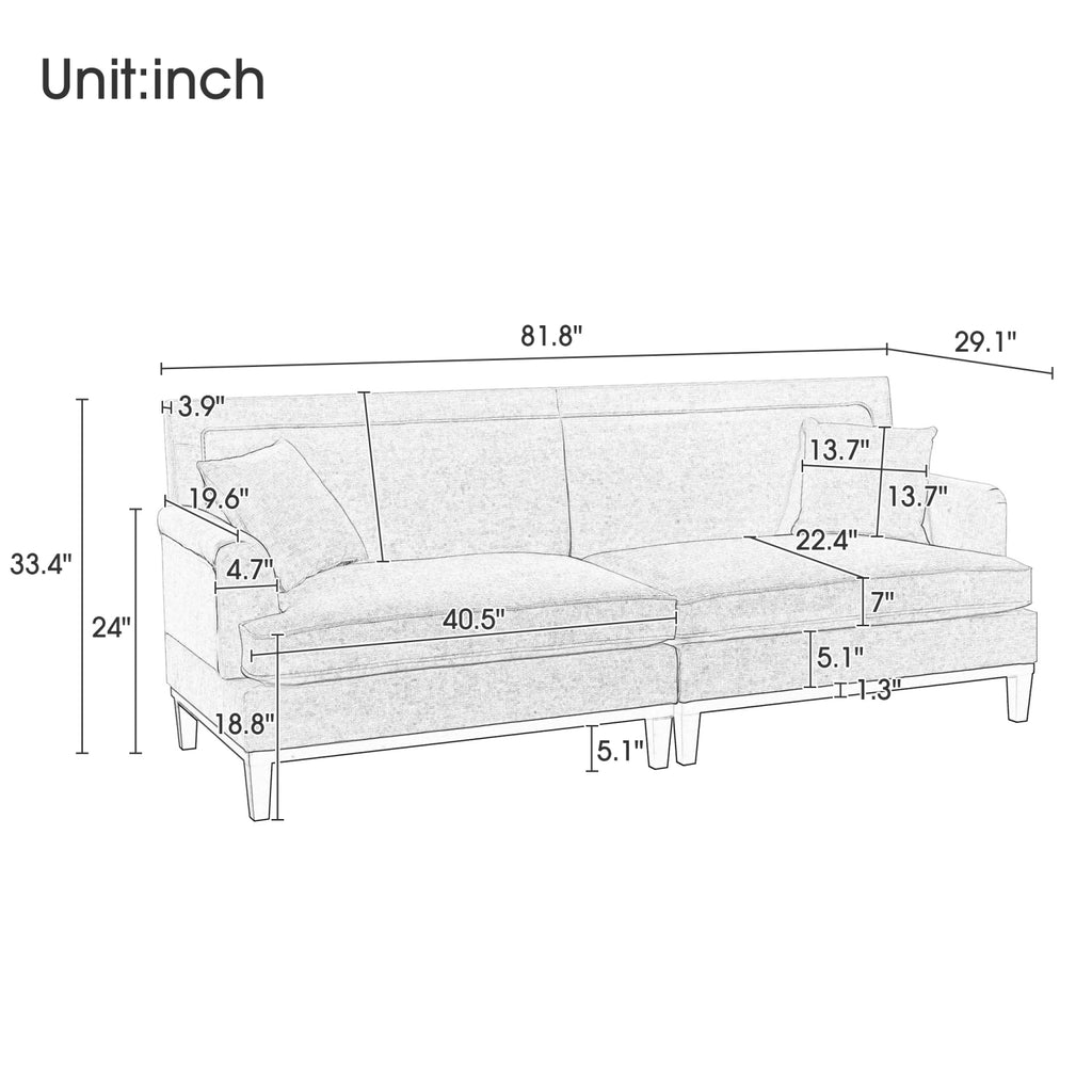 Gray Upholstered Loveseat Sofa with Wooden Legs and Two Throw Pillows I969