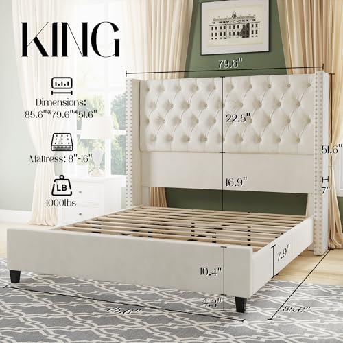 King Upholstered Bed Frame with Tall Headboard Wingback Platform Bed Tufted Deep Button Velvet Light Grey C724306