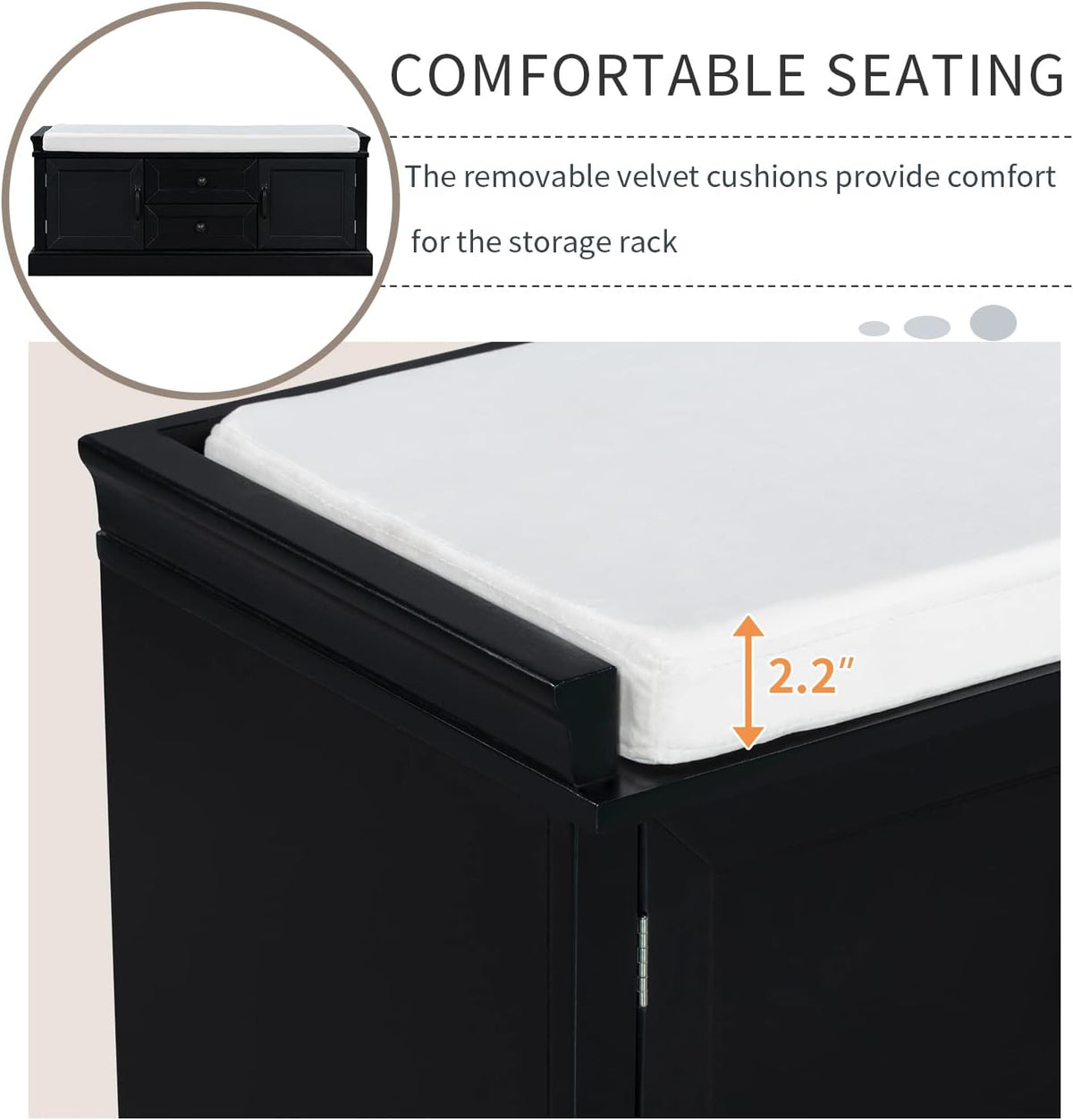 Black Storage Bench with 2 Drawers and 2 Cabinets with Removable Cushion G28125