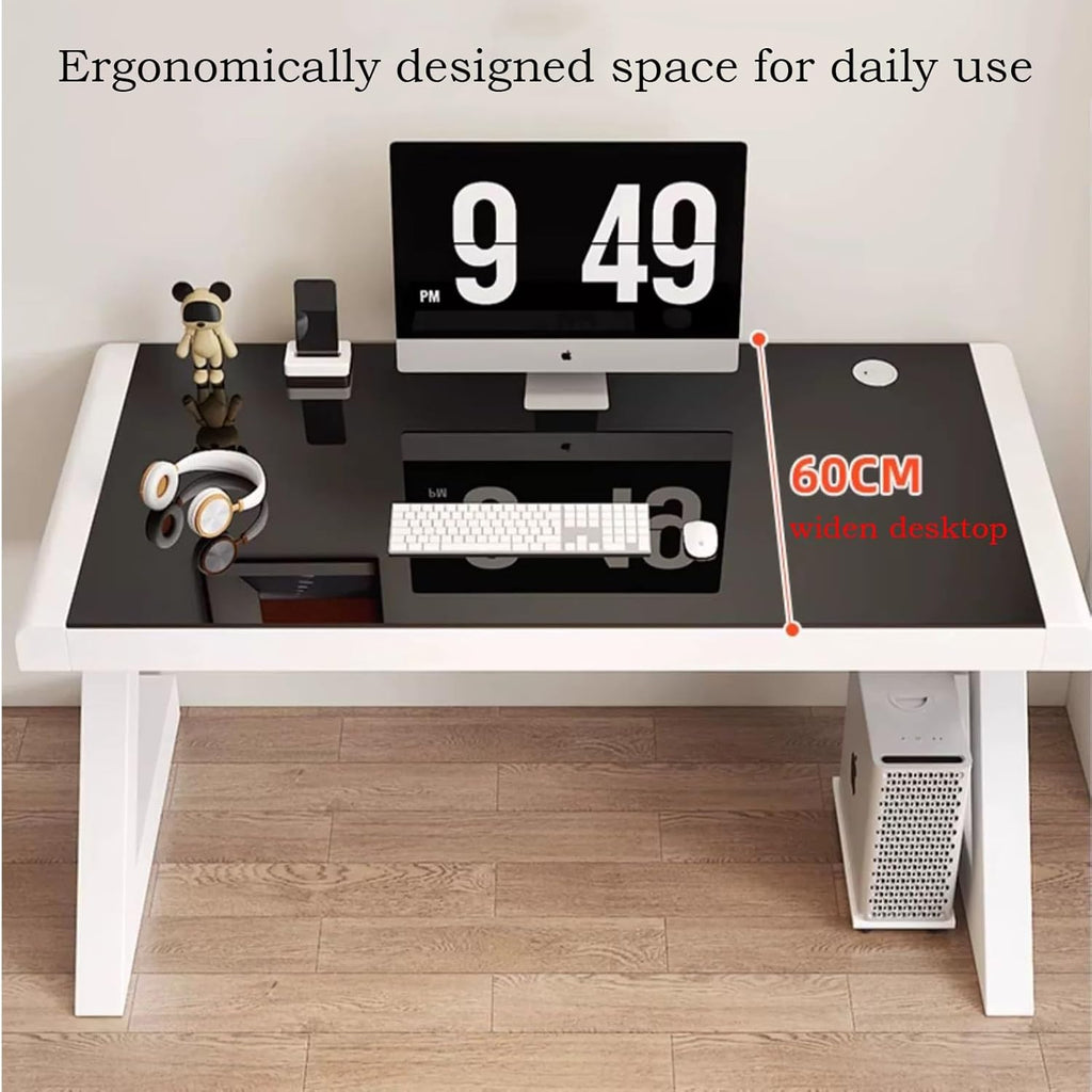 Black+White Tempered Glass Computer Desk with Keyboard Tray Q5776