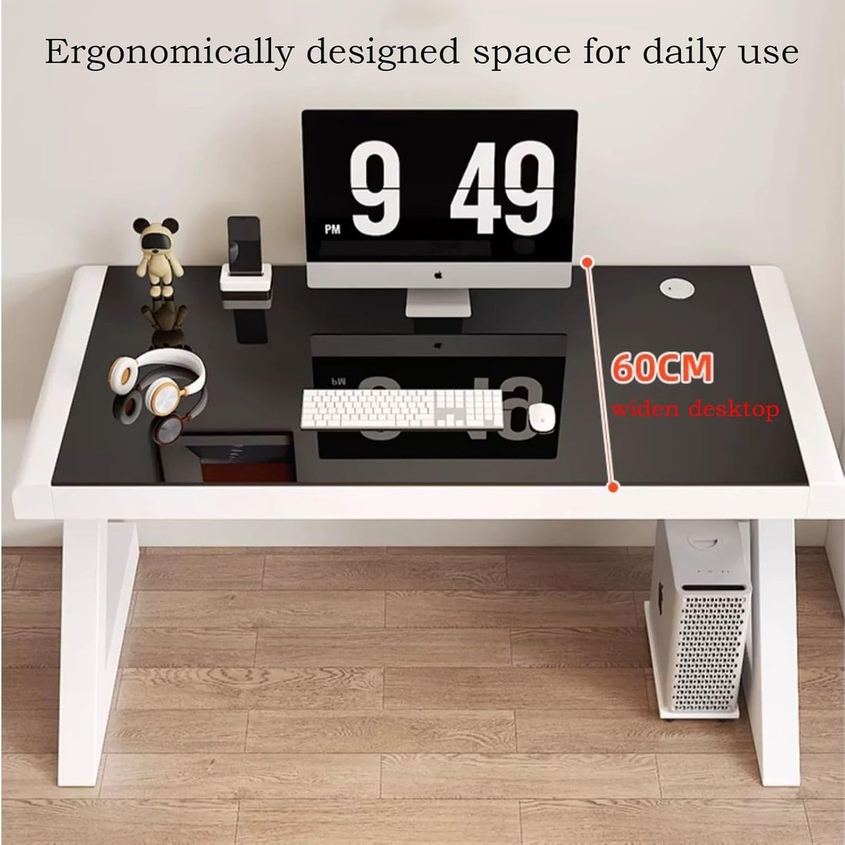 Black+White Tempered Glass Computer Desk with Keyboard Tray Q5776