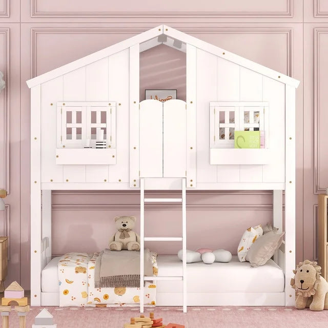 Twin Over Twin Wood Bunk Bed with Roof M8286