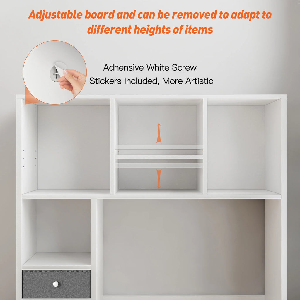 White Wood Desktop Bookshelf with 8 Shelves and 2 Drawers B58601