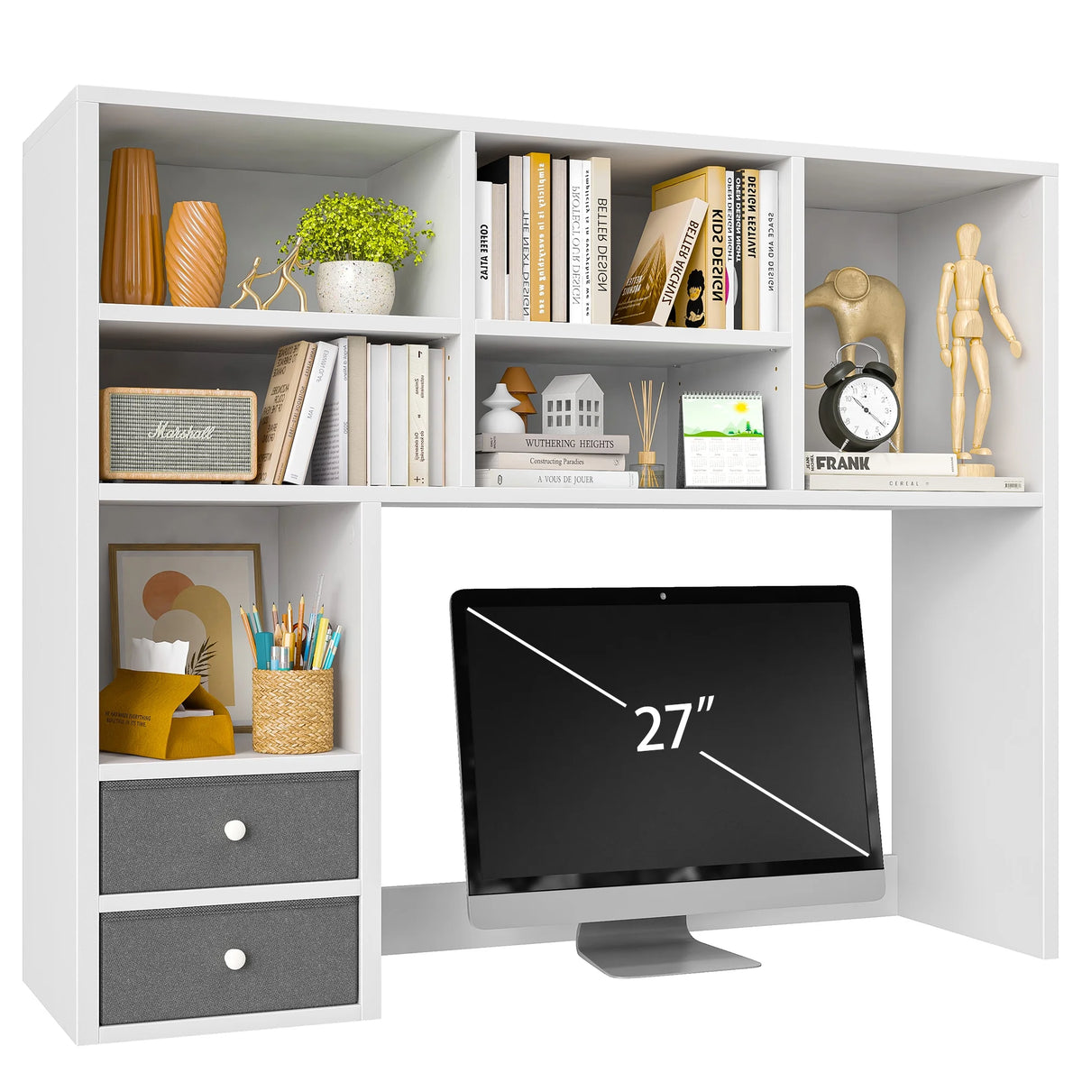 White Wood Desktop Bookshelf with 8 Shelves and 2 Drawers B58601