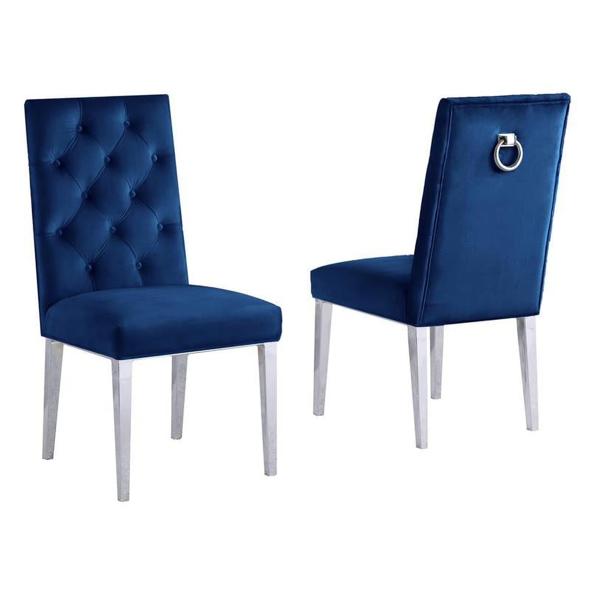 Navy Blue Velvet Tufted Side Chairs with Silver Chrome Legs Set of 2 V2675
