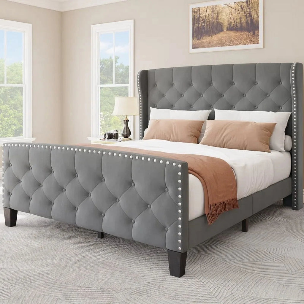 Queen Size Grey Velvet Upholstered Platform Bed Frame L575469