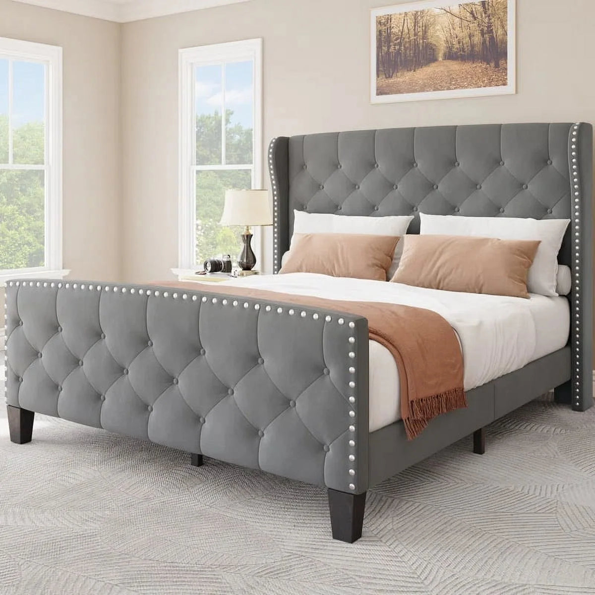 Queen Size Grey Velvet Upholstered Platform Bed Frame L575469