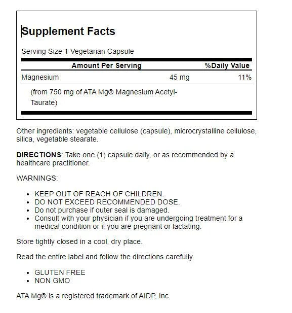 Magnesium Acetyl Taurinate Supplement 30 Capsules Z259