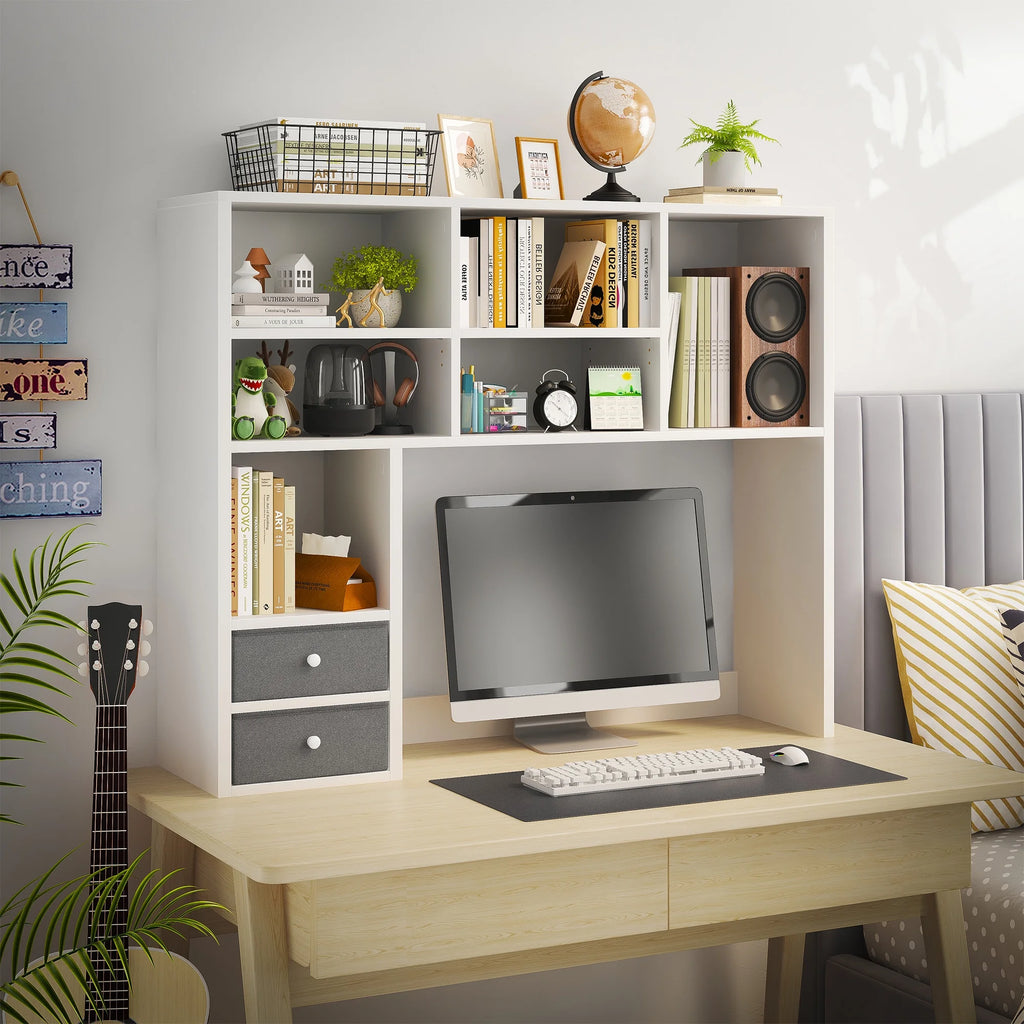White Wood Desktop Bookshelf with 8 Shelves and 2 Drawers B58601