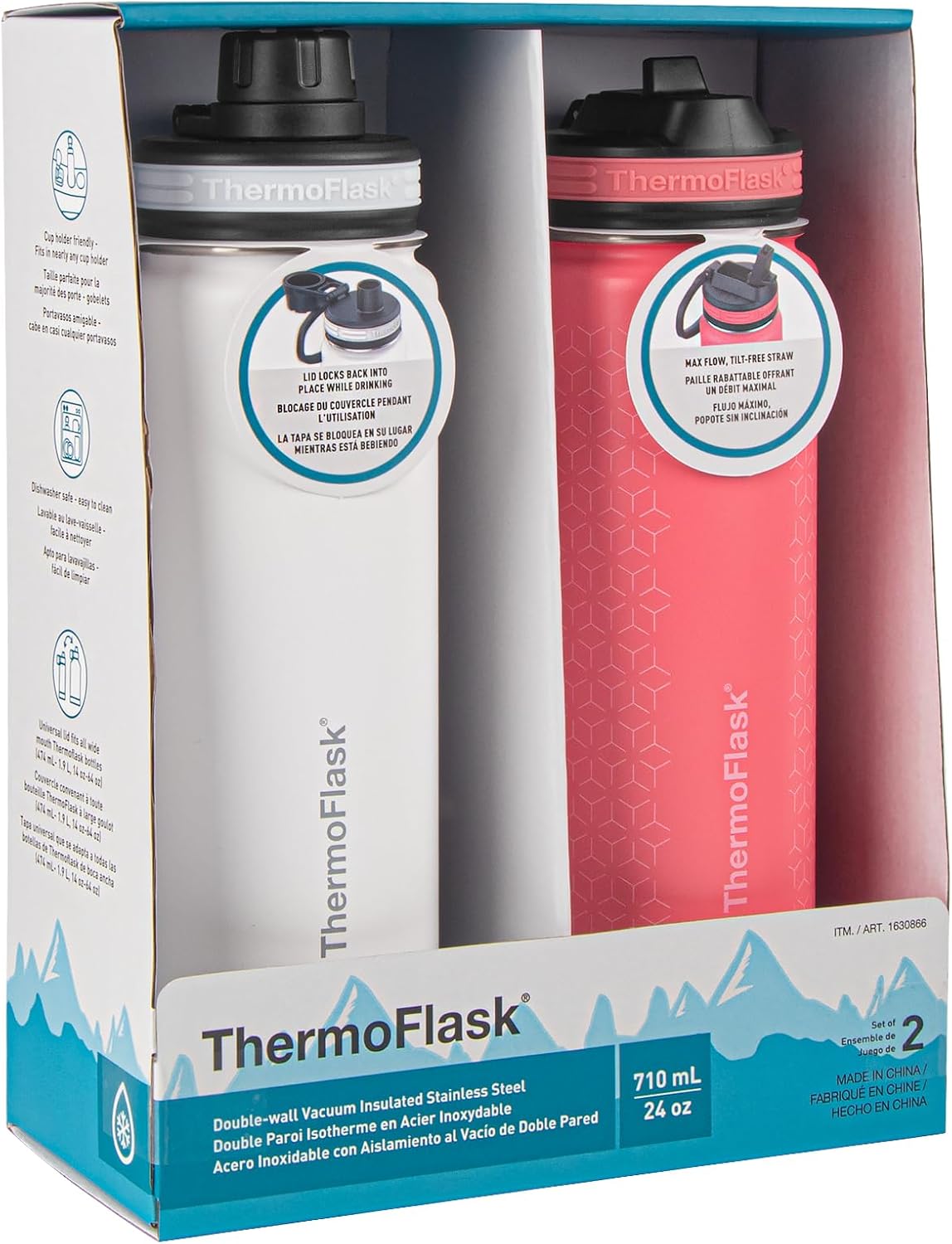 24 oz Double Wall Vacuum Insulated Stainless Steel Water Bottles 2-Pack White/Coral M46687