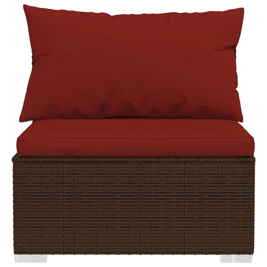 6 Piece Poly Rattan Brown Outdoor Sectional Sofa Set with Red Cushions E4929