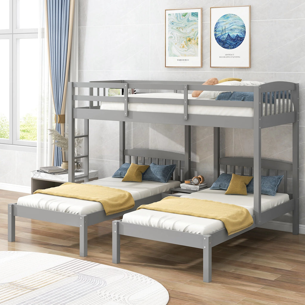 Triple Twin Solid Wood Bunk Beds with Guardrail and Ladder and Built-in Middle Drawer T61361