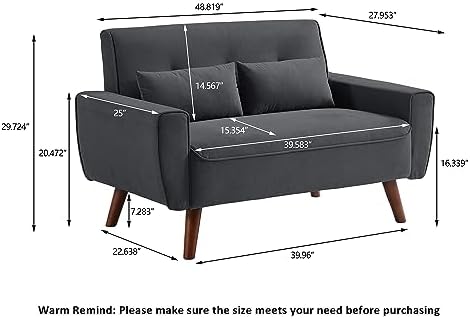 48" Linen Loveseat Sofa with 2 Throw Pillows and Wooden Legs F9905