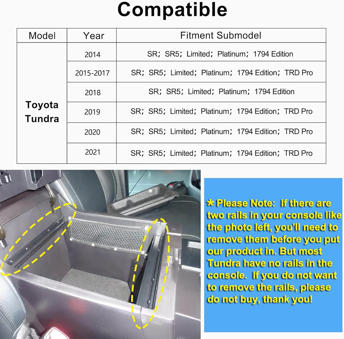 Wireless Charger Center Console Organizer Tray for Toyota Tundra 2014-2021 T6806