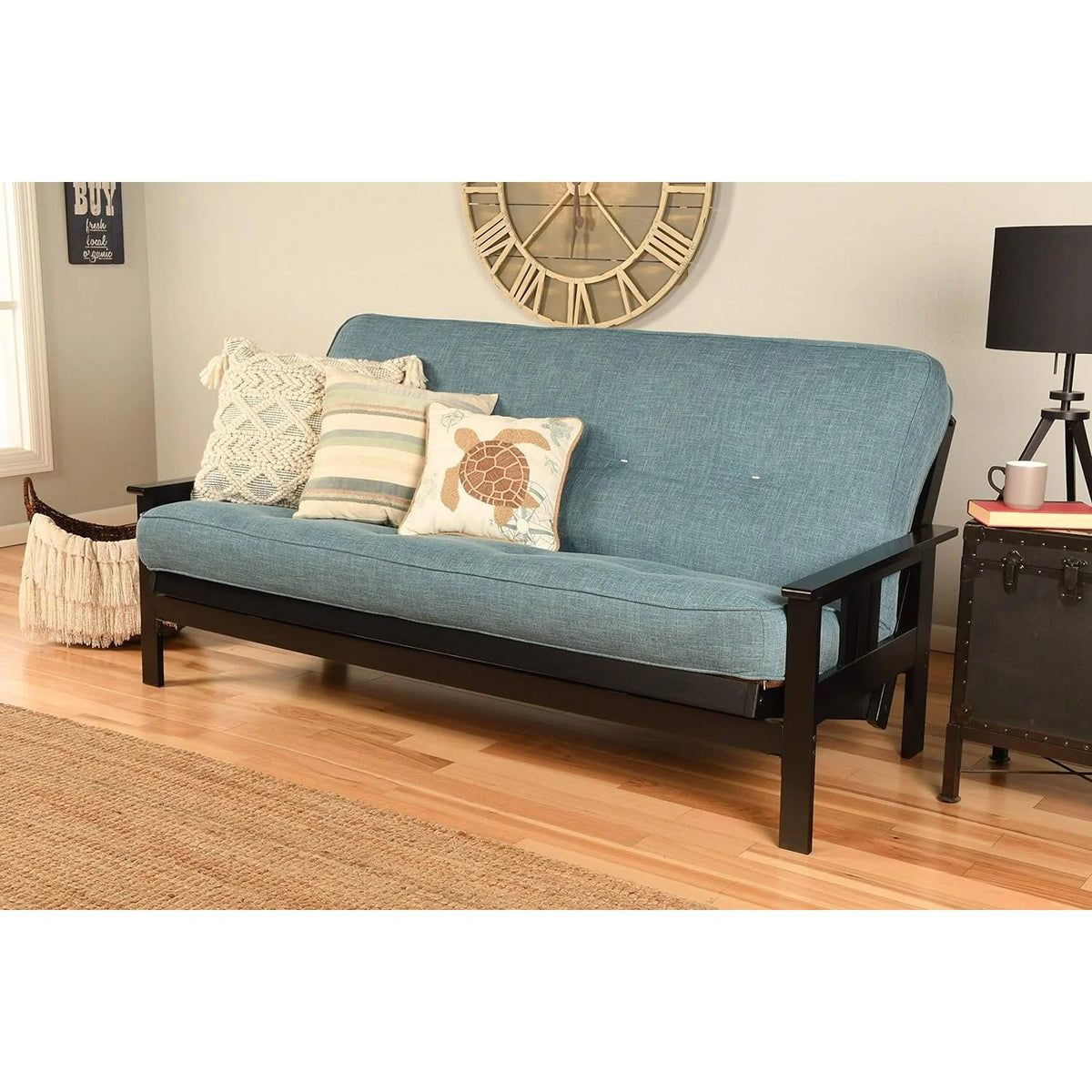Black Futon Frame with Aqua Linen Mattress G566