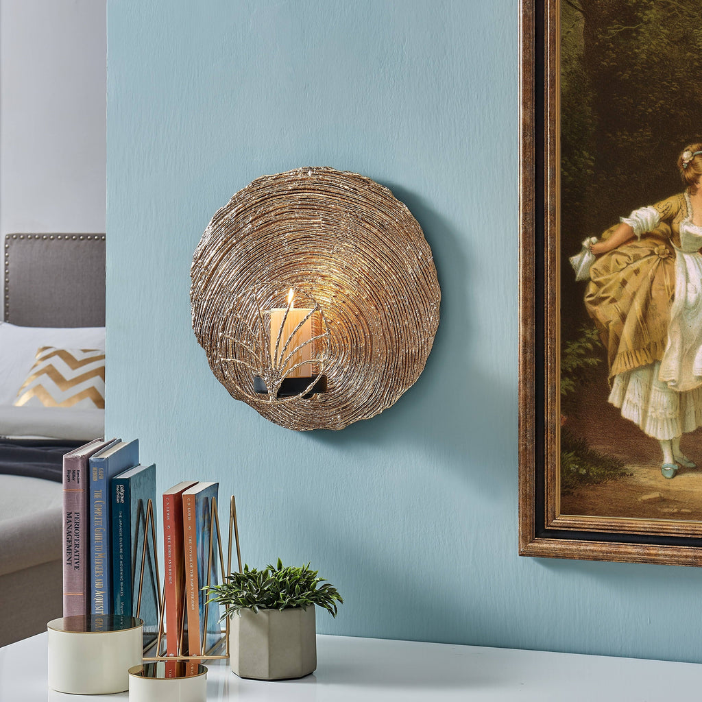 13x22 Round Gold Wall Candle Sconce with Glass Hurricane P8881