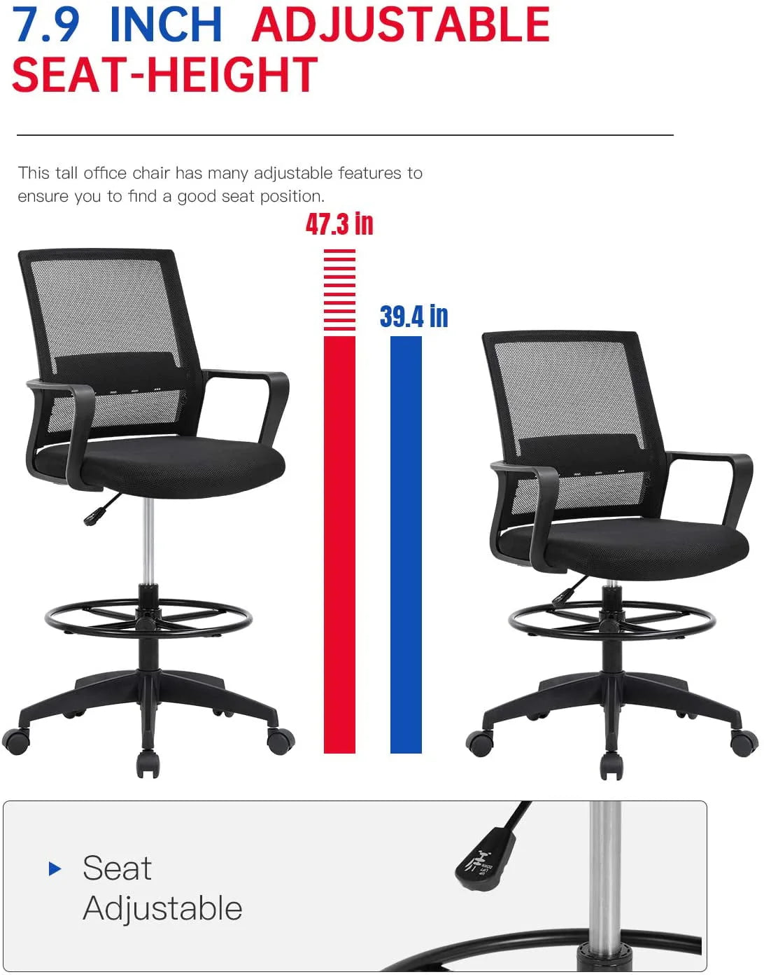Black Adjustable Mesh Drafting Chair with Lumbar Support V497637