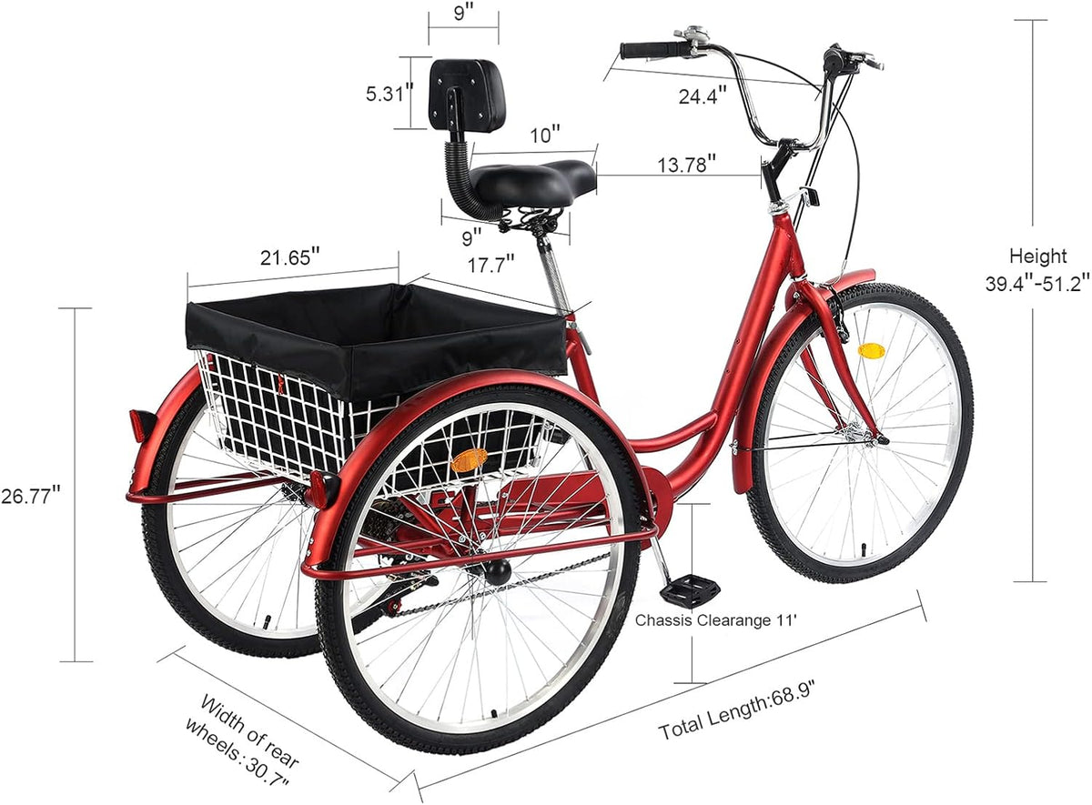 26 Inch 7 Speed Three Wheel Adult Tricycle with Large Basket S23515