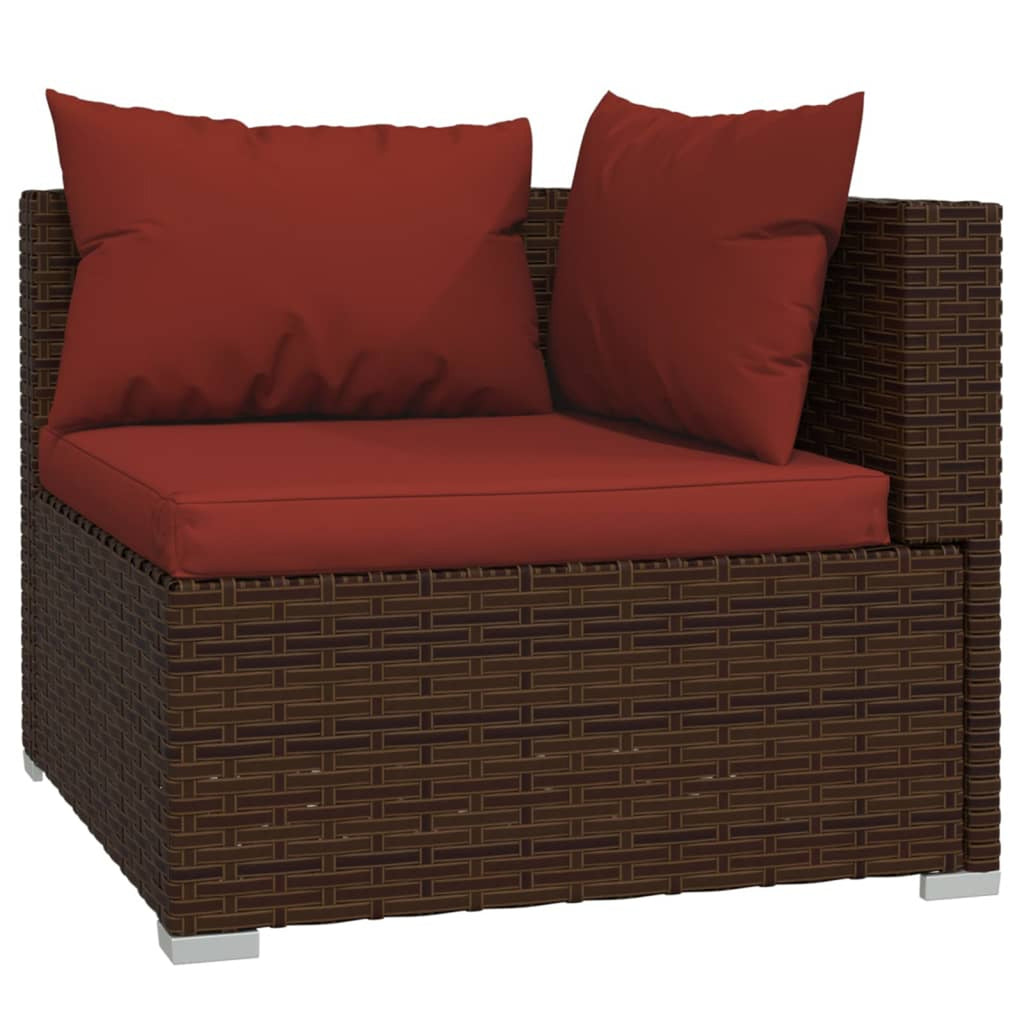 6 Piece Poly Rattan Brown Outdoor Sectional Sofa Set with Red Cushions E4929