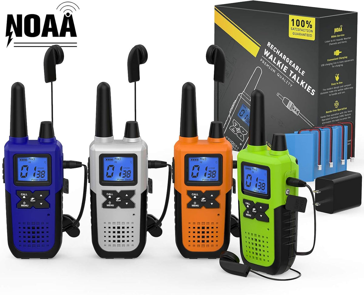 4 Pack Long Range 2 Way Radios Walkie Talkies with Earpiece and Mic USB Charger Battery Weather Alert E7485