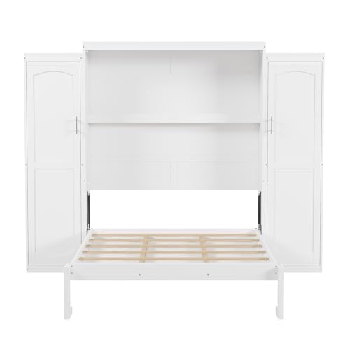 Queen Murphy Bed with 2 Wardrobes and Storage Shelf White B118469