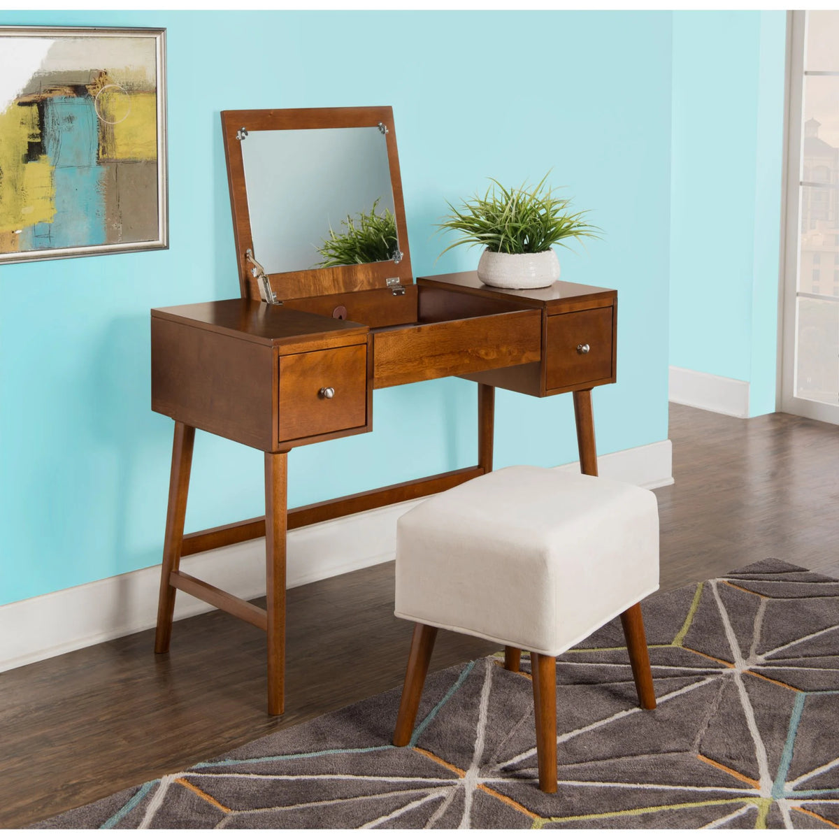 Walnut Brown Mid Century Vanity Set with Mirror and Stool M41896
