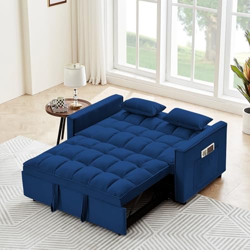 Beige Velvet Convertible Sofa Sleeper with Detachable Arm Pockets D621