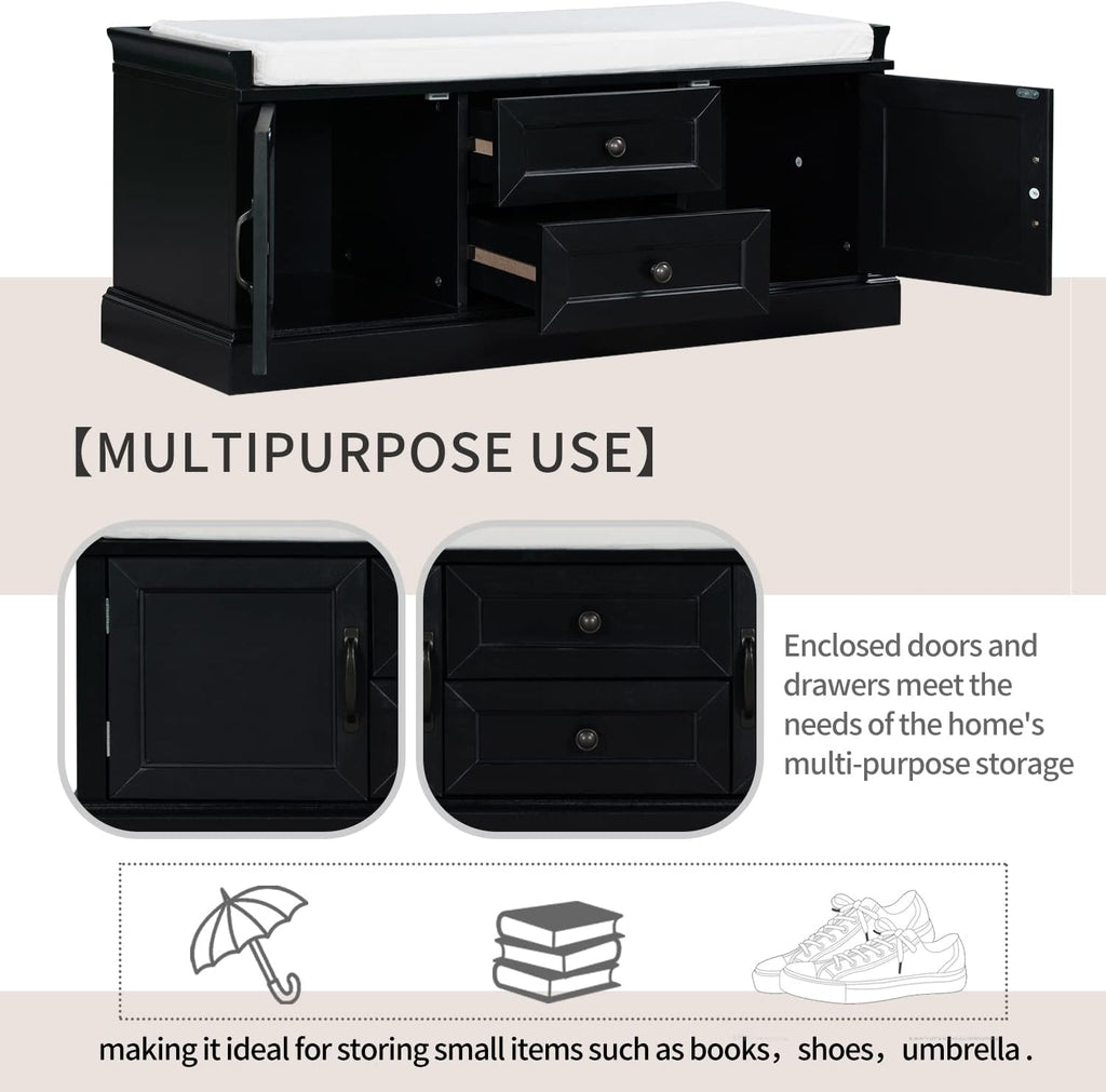Black Storage Bench with 2 Drawers and 2 Cabinets with Removable Cushion G28125