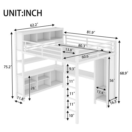 White Full Size Metal Loft Bed with Wardrobe and Desk A565146
