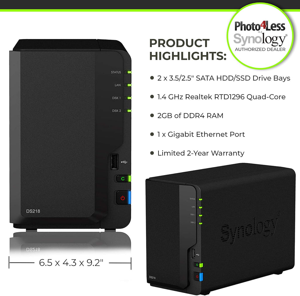 2 Bay NAS DiskStation DS218 Diskless with 2 WD Red Pro 4TB Hard Drives 7200 Class T597