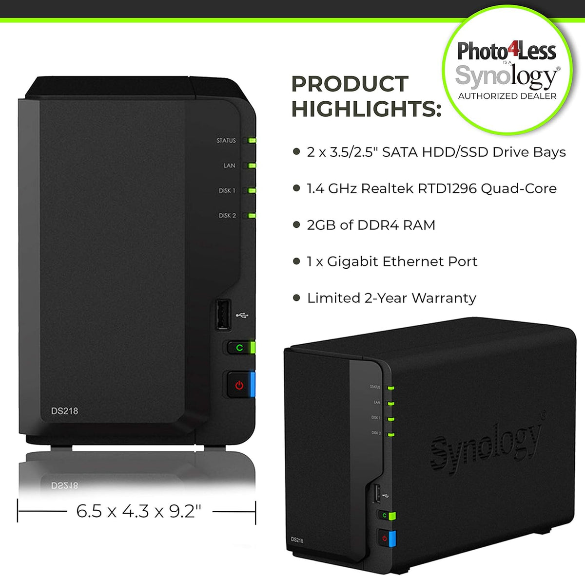 2 Bay NAS DiskStation DS218 Diskless with 2 WD Red Pro 4TB Hard Drives 7200 Class T597