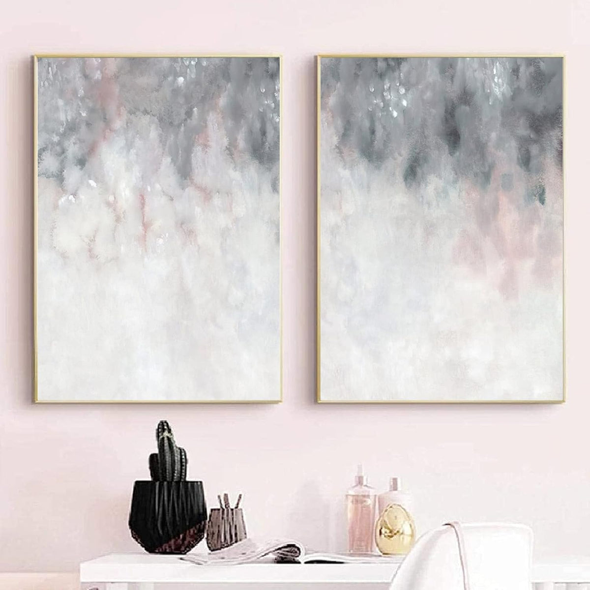 Abstract Gray White Pink Canvas Painting 16x24inchx2 No Frame A476069